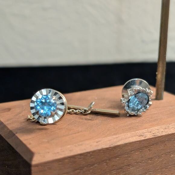 Two Blue Crystal Silvertone Tie Tacks (One by Swank) - Picture 1 of 6